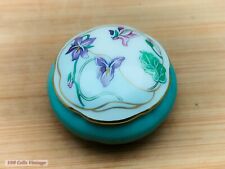 Teal Floral Limoges Castel Porcelain-6cm-Vintage Trinket/Pill/Jewellery Box 0vi picture