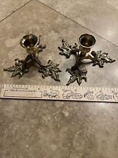 2 Leaf Base Brass Candlestick Holders Approx 5 In Base Width 2 1/2 In Height picture