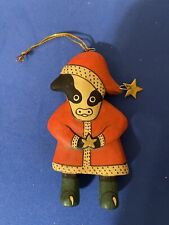 Vintage Folk Art Wooden Painted Cow as Santa Claus Christmas Ornament Signed picture