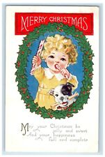 c1910's Merry Christmas Wheat Cute Girl Candy Cane Dog Bone Embossed Postcard picture