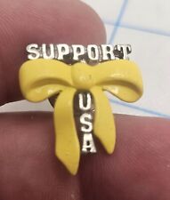 VTG Lapel Pinback Hat Pin Silver Tone Yellow Bow Ribbon SUPPORT USA small Pin picture