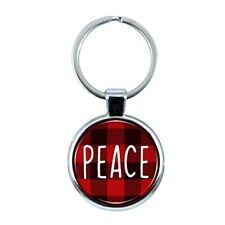 Peace Christmas Red Plaid Pocelain Keychain with Epoxy Dome and Metal Keyring picture
