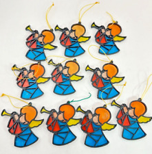 Vtg 70's Yuletide 10 Faux Stained Glass Angel Ornament Set Plastic Sun Catchers picture