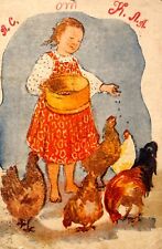 1947 Little Girl Feeds the Chickens Children Vintage Postcard picture