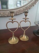 Solid Brass Heart Shaped Candle Holders 2pc Set Romance 8.5