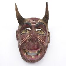 Vintage Mexican Diablo Mask Handmade Wood Carved Painted Wooden Wall Folk Art picture