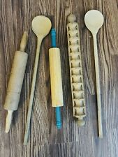 Lot of 5 Vintage Wooden Rolling Pins  And Long Cooking Spoons Primitive  Kitchen picture
