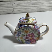 Nantucket Floral Mini Gold Rimmed Tea Pot Pink ,White, Blue Flowers 3in picture