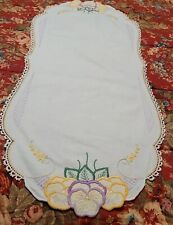 Vtg Purple & Yellow Pansy Embroidered Table Runner/Dresser Scarf  Cottage Style picture