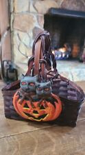 Vintage Halloween Folk Art Paper Mache Black Cats Pumpkin Woven Basket picture