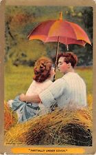 1910 Romantic PC-Lovers About To Kiss Under a Parasol on a Hay Stack-Under Cover picture