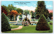 Original Old Vintage Outdoor Postcard Oak Grove Cemetery Fountain La Crosse, WI picture