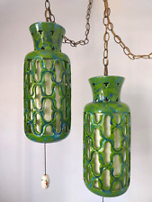 PAIR ~ Vintage MCM Mid Century Modern GREEN Ceramic Pottery Hanging Swag Lamps picture