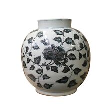 Chinese Gray Blue Off White Flowers Graphic Fat Round Ceramic Vase ws1073 picture