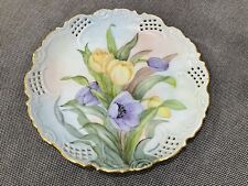 Antique Pierced Porcelain Cabinet Plate w Purple Yellow Flowers Signed K. Connor picture