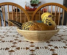 Vintage Sarreguemines France Earthenware Pheasant Lidded Nest Tureen Casserole picture