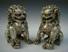  Old Tibet Silver Lion Fu Foo Dogs Door Guard Statue Handcarved picture