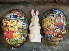 Vintage Whimsical Lithograph Holiday Double Sided Easter Egg With Celluiod Bunny picture