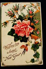 Stunning Pink Rose & Buds w Gold Highlights Great Embossing New Year Postcard picture