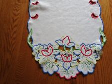 Vintage Set Embroidered Red, Blue, Yellow Floral  Linen Runner & Doily 15 X 40 picture