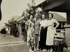 Three Pretty Women Standing With Man By House Porch B&W Photograph 3.5 x 4.5 picture