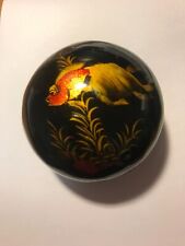 Oriental Trinket Box Black Lacquer Hand Painted Round Wood with Koi Fish picture