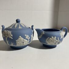 Vtg WEDGWOOD England Pale Blue Jasperware SACRIFICE Creamer & Lidded Sugar Bowl picture