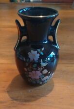 Japanese Porcelain Black Vase Flower's Black Gold Handles 5 Inch picture