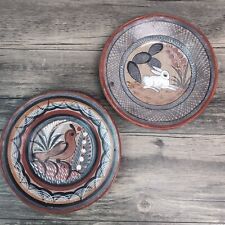 Vintage 2 Mexican Tonala Folk Art Pottery Hand Painted Quail Wall Hanging Plates picture