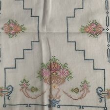 Vtg Hand Embroidered Dresser Scarf Floral Linen picture
