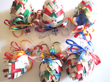 6 Vintage Christmas Ornaments Handmade Folded Wrapping Paper & Beads Pine Cone picture