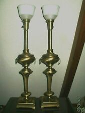 Pr. Rembrandt Tall Torchiere Vintage Brass Table Lamps & Original Shades picture