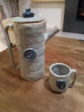 Artisan Made Blue Round DESIGN TEAPOT And Matching Mug Signed picture
