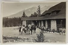 RPPC ALBERTA CANADA Jasper Park Lodge Main Entrance Horses Men Women Postcard picture