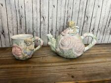 Vintage Avon Cherub Angel Teapot with Tea Cup Mug, Floral Pink Green 3D picture