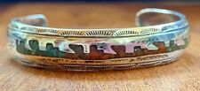 Old Navajo Native American Sterling Chip Inlay Bracelet Signed TW-Fine Work picture