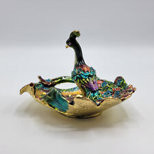 Peacock Brass Enamel Rhinestones Trinket Dish Beautiful Bird Figurine Colorful picture