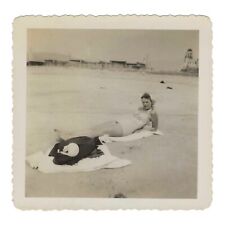 Vintage Snapshot Pinup Photo Leggy Woman Bathing Suit Beach 1950s Photograph picture