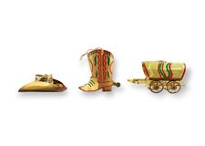 Vintage Christmas Ornaments Western Metal Boot, Covered Chuck Wagon & Cowboy Hat picture