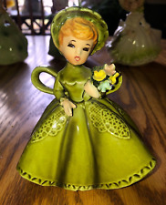 Lefton Vintage Lady in Green Dress & Bonnet Figurine with Floral Bouquet #4227 picture