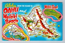 HI-Hawaii, General Greeting, State Map, Landmarks, Vintage Souvenir Postcard picture