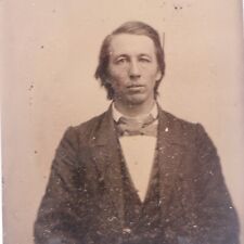 Small Antique Tintype Photo of Handsome Man with Long Hair with Bowtie picture