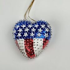 Patriotic Sequin Pin HEART Ornament Vintage 4th of July Holiday Red White Blue picture