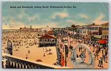 Wildwood By The Sea New Jersey~Crowds @ Beach & Boardwalk~PM 1948 Linen Postcard picture