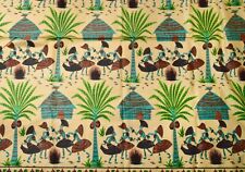Vtg African Tribal People Palm Tree Print Fabric 5 yd x 44” Teal Brown Green Hut picture