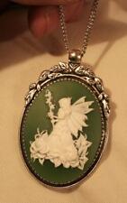 Lovely Leaf Top Silvertone Green White Fairy with Wand Cameo Pendant Necklace picture