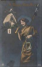 New Year/Lady A Happy New-Year-Woman with Horn,Lantern,and Pike. NPG Postcard picture