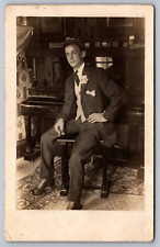 Handsome-Well Dressed-Man Sitting at Piano w/Cigar-VTG RPPC Postcard Early 1900s picture
