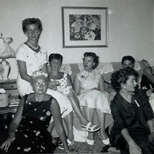 Six Pretty Women Sitting On Sofa Smiling Smoking B&W Photograph 3.5 x 3.5 picture