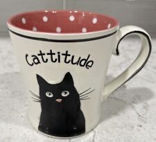 Spectrum Des CATTITUDE Mug PINK Polka Dot Black Cat Coffee Tea 2 Sided NEW picture